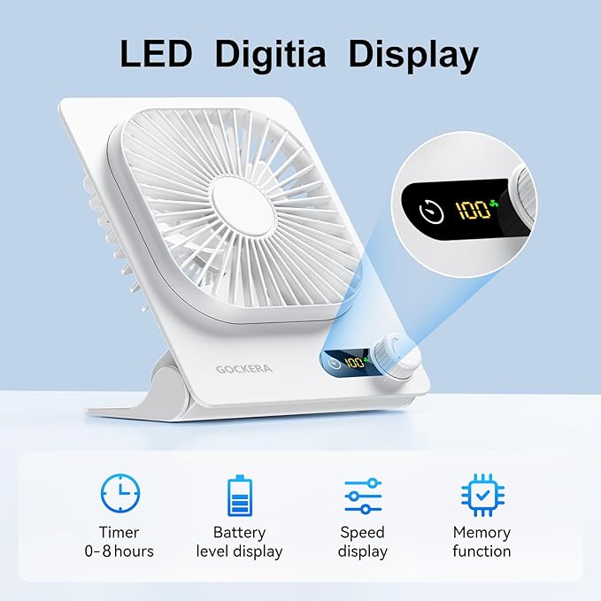 GOCKERA Desk Fan, 6.61''Ultra-thin Battery Powered Fan with Powerful Wind,100 Speeds Adjustable&Digital Display,Timer,Ultra-quiet Small Portable Fan for Bedroom,Office,Travel (White, 2000mAh)