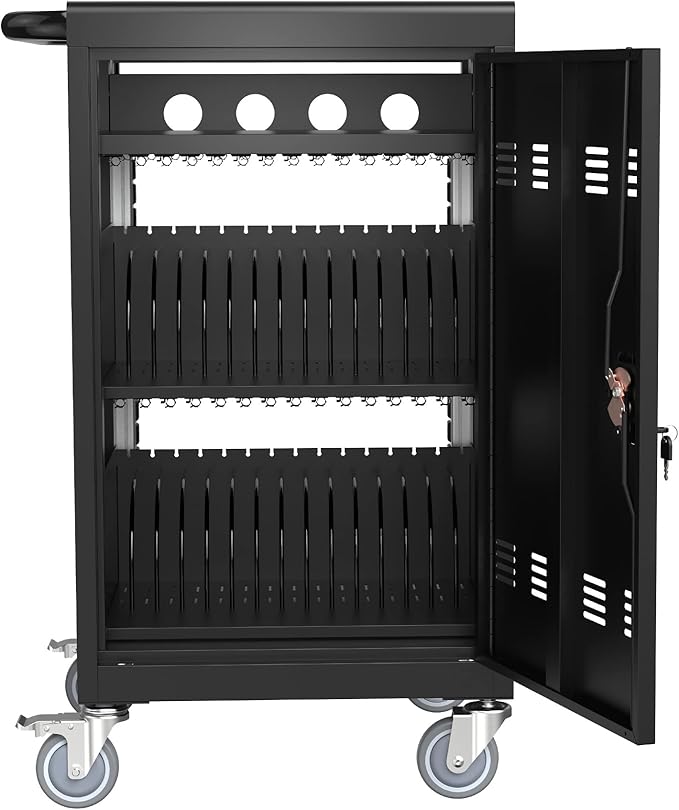 32 Device Charging Cart, Laptop and Tablet Storage Cart, Holds Up to 16.3" with Cord Management, Front and Rear Access Locking, Desktop Charging and Storage Cabinet for Classroom or Office.Black