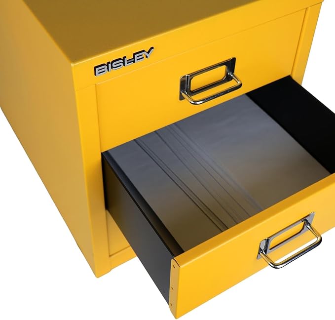 Bisley 3-Drawer Steel MultiDrawer Cabinet - Golden Sunflower Yellow, Chrome Pull Handles with Label Holders, Powder-Coated Steel, Removable Drawers, Desktop Storage, Labels Included