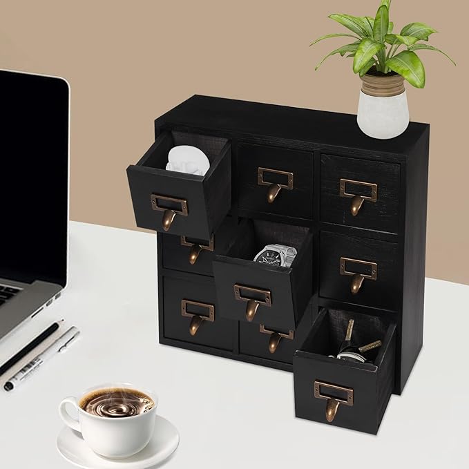 9-Drawer Wooden Desk Organizer Storage Box with Label Holders Vintage Wood Desktop Organizer, Desk Drawer Unit Collectors Box for Living Rooms, Bedrooms, Offices (Black, 1PC 9 Drawers)