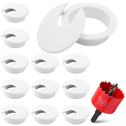 12 Pack 2 Inch White Desk Grommet, Plastic Cable Hole Cover Computer Table Cord Wire Organizer, Desktop Cord Management for Home Office/TV Stands Tabletops (with Hole Saw)