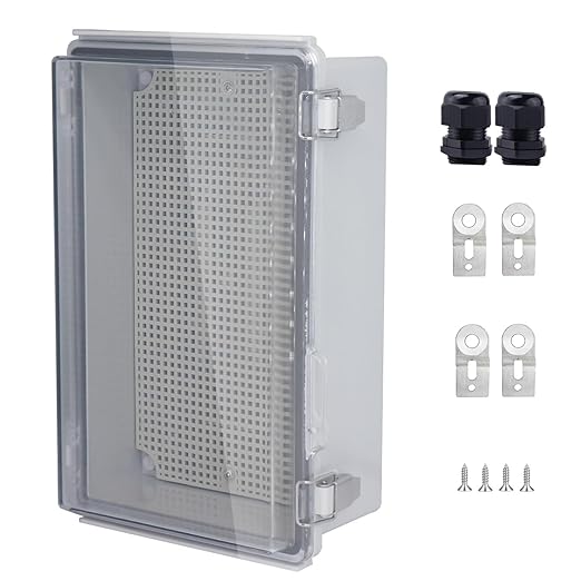 IP67 Waterproof Junction Box, ABS Plastic Electrical Enclosure with Stainless Steel Latch, Hinged Cover Electric Box with Mounting Plate, Wall Brackets & Cable Glands 260x160x100mm