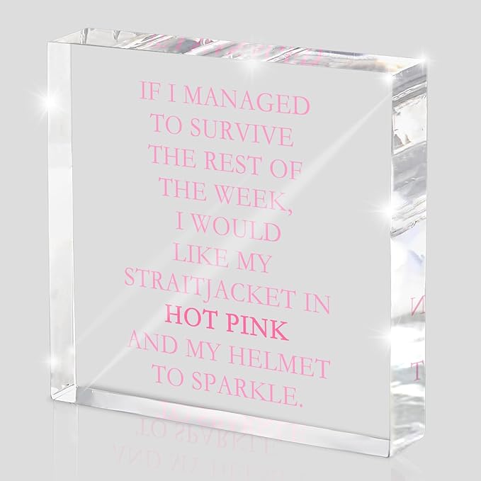 If I Survive This Week Hot Pink Straitjacket Desk Sign - 4x4 Inch Acrylic Office Decor with Sarcastic Humor, Motivational Desk Accessories for Women, Therapist Gift & Pink Office Supplies