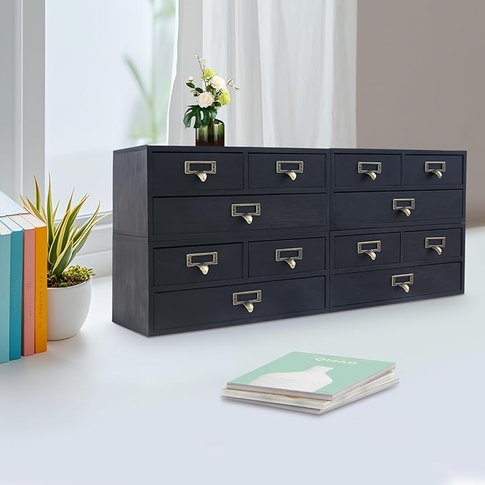 4 Packs Vintage Desktop Apothecary Cabinet with 3 Drawers,Wood Desktop Organizers Stackable Drawers Desktop Chest Drawer for Herb Storage,Tea Collection,Stationery (Black)