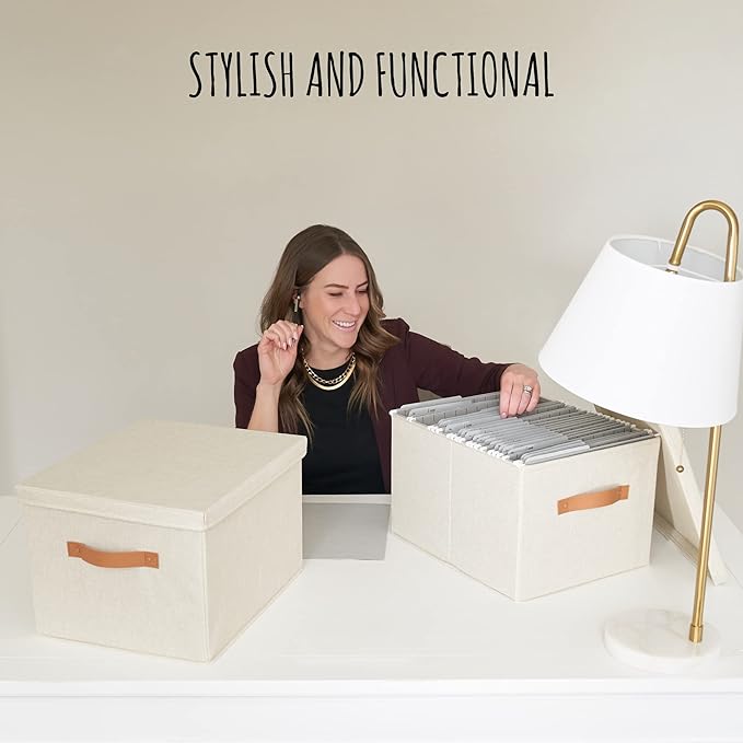 ZICOTO Decorative File Organizer Box Set of 2 - Collapsible Linen Filing Cabinets with Handles Are Perfect to Store All Your Documents & Hanging File Folders - Portable Easy Slide Crates with Lid