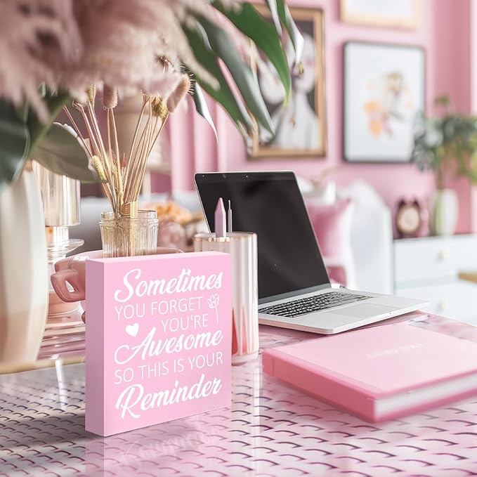LVQHI Positive Affirmation Wooden Block Sign, You're Awesome Reminder Sign For Women, Pink Inspirational Desk Art, Motivational Wooden Plaque 5"L x 5"W x 1.2"H