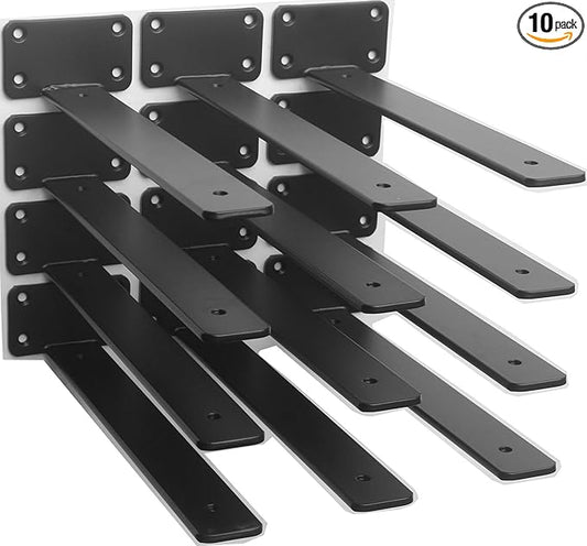 10 Pack - 10 inch Black Hidden L Shelf Bracket (1/5 Inch Thicked) Iron Floating Shelf Brackets Rustic Industrial Metal Brackets for Shelf Support