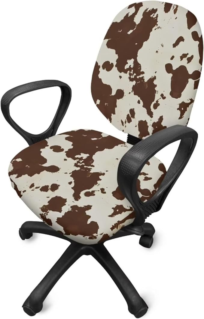 Brown Cowhide Office Chair Covers 2 Piece Stretchable Office Chair Seat Cover Universal Desk Rotating Chair,Computer Chair Washable Chair Cover Decorative for Women