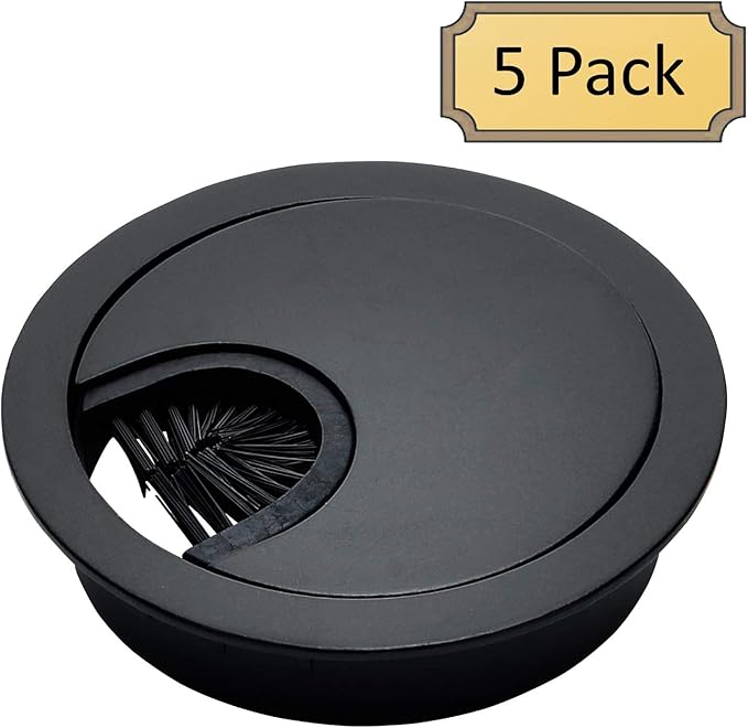 Matte Black Metal Cable Grommet | 2 Piece "Lock in" Feature with "Brush" Opening for Management of Office & Computer Desk Wires | 60mm (2 3/8") Hole Opening | 5 Pack