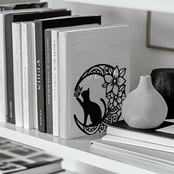 Peacoblue Metal Bookends for Shelves, Modern Decorative Heavy Duty Study Book Support Stoppers for Office, Desk, Shelf, Room 5.3"x4.3"x5.3" Cast Iron Tall Bookends, 1 Pair (Moon with Cat and Flower)