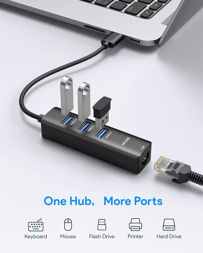 USB to Ethernet Adapter, ABLEWE 3 Ports USB 3.0 Hub with RJ45 1Gbps Gigabit Ethernet Adapter, for MacBook Air 2017, iMac, XPS, Surface Pro, Linux, Chromebook, Notebook and More - Black