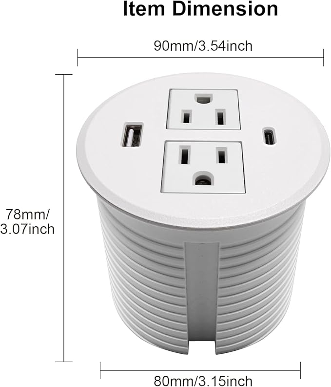 Desk Power Grommet USB C Total 30W, 3.15 Inch PD Fast Charge Desktop Power Strip 2 Outlets 2 USB Ports Recessed Flat Plug Extension Cord Mount into Countertop Shelf Cabinet End Table. (White)