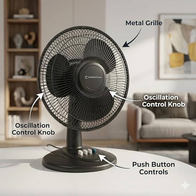 Comfort Zone 16-Inch Oscillating Table Fan – Large 3-Speed Quiet Desk Fan with Wide-Area Oscillation, Adjustable Tilt & Metal Safety Grill – Ideal for Home Office, Bedroom & Dorm