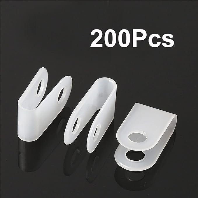 200 Pcs Nylon R-Type Cable Clips for Wire Management, 5/16'' White Plastic Fastener Clamp Assortment Kit