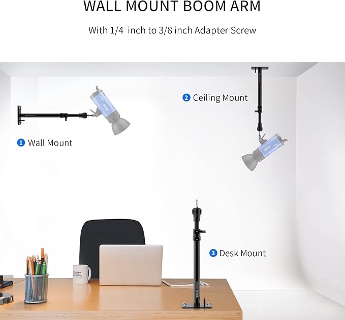 Selens Photography Studio Wall Mount, Camera Wall Ceiling Mount Boom Arm Up to 22" for Photo Video Monolights, Umbrellas, Reflectors, Overhead with 3/8" 1/4" Thread