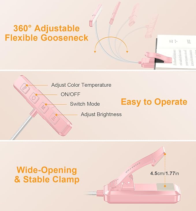 Gritin 2026 Gen 2 Book Light for Reading- 32 Eye Caring Full Spectrum LED, 5 Colors & 5 Brightness, Adjustable Wide/Narrow Beam, Upgrade 1500mAh Long-Lasting Clip on Light for Book Lovers-Pink