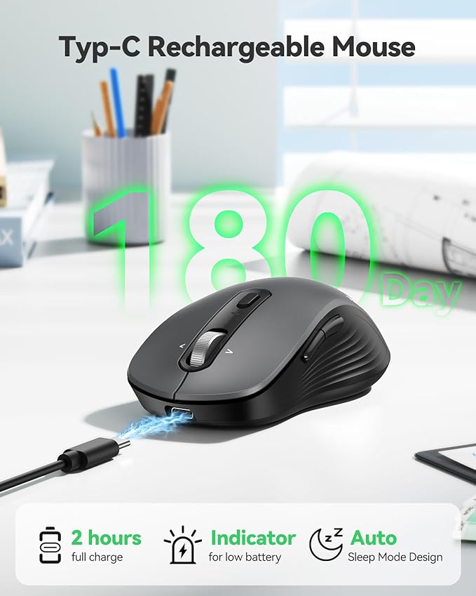 TECKNET Rechargeable Bluetooth Mouse, [ USB + BT5.0 + BT3.0 ] Wireless Mouse, Ergonomic 4-Way Scroll Wheel Computer Mice, 6-Level 4800 DPI Silent Mice, Multi-Device for Computer/Laptop/MacBook (Iron)