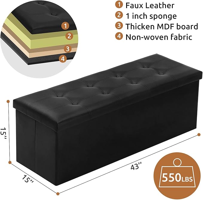 YOUDENOVA Folding Storage Ottoman, Faux Leather Ottoman Bench Footrest Ottoman, Storage Chest Padded Seat for Bedroom and Living Room, Black,15" D x 43" W x 15" H