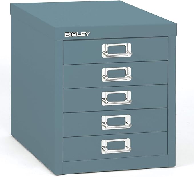 Bisley 5-Drawer Steel MultiDrawer Cabinet - Doulton Blue, Chrome Pull Handles with Label Holders, Powder-Coated Steel, Removable Drawers, Desktop Storage, Labels Included