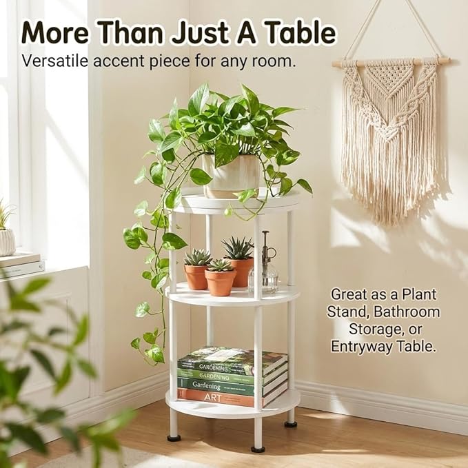 Small Round Side Table with Tray Top (Patented Design), 11.8" Narrow End Table for Small Spaces, 3-Tier Modern White Nightstand, Original Accent Furniture for Living Room Bedroom (Classic, White)
