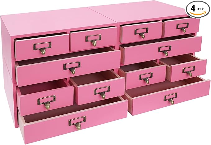 12 Drawers Apothecary Cabinet, 4-Pack Wood Tabletop Medicine Cabinet, Vintage Desktop Drawer Library Card Catalog Cabinet Wooden Chest Drawer Organizer for Tea Herbs Jewelry Stationery (Pink)