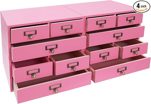 12 Drawers Apothecary Cabinet, 4-Pack Wood Tabletop Medicine Cabinet, Vintage Desktop Drawer Library Card Catalog Cabinet Wooden Chest Drawer Organizer for Tea Herbs Jewelry Stationery (Pink)
