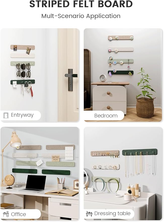 Cork Board Alternative Felt Strip Board 8-Pack 13"x2", Office Pin Board with 50 Push Pins, Adhesive Install for Bedroom Door & Home Office(Nordic Moss)