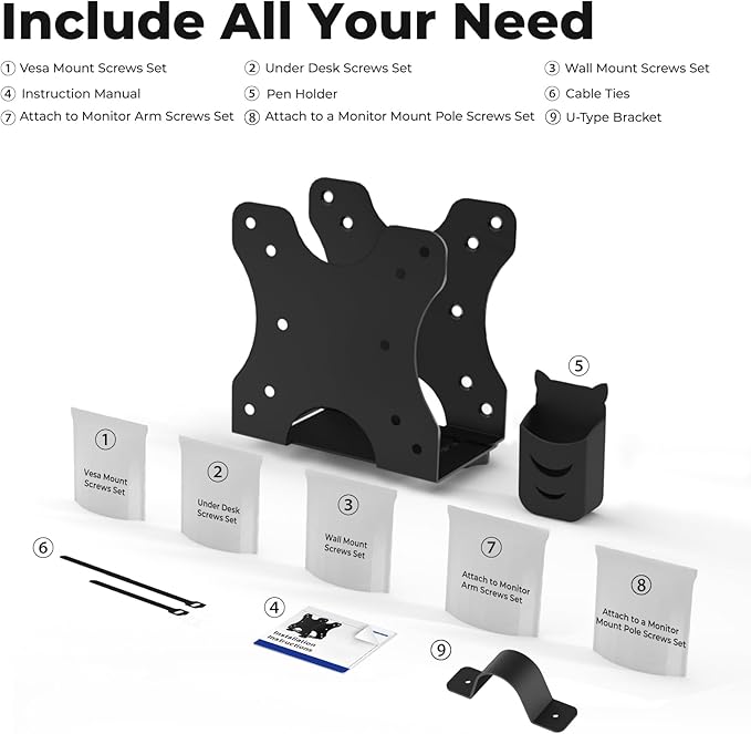 Yimaut Adjustable Mini PC Mount Bracket, VESA 75x75 & 100x100, Supports up to 12 lbs, Mount Behind Monitor, Under Desk, Wall or Stand Pole, Thin Client CPU Holder, Fits 0.63–2.76 in Wide