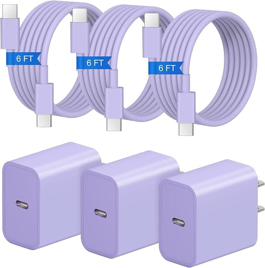 iPhone 17 16 15 Charger Fast Charging 3+3Pack 20W USB C Wall Charger with 6FT Fast Charging Cable Compatible with iPhone 17/17 Air/17 Pro/17 Pro Max/iPhone 16/15 Series, iPad Pro/AirPods -Purple