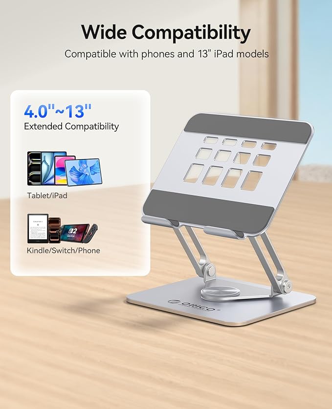 ORICO 360° Rotating Tablet Stand for iPad up to 12.9 Inch, Foldable Tablet Stand for Desk, Aluminum Alloy, Compatible with iPad Pro/Air/Mini, Kindle, Galaxy Tab, Fire, iPhone, Switch - FB2, Silver