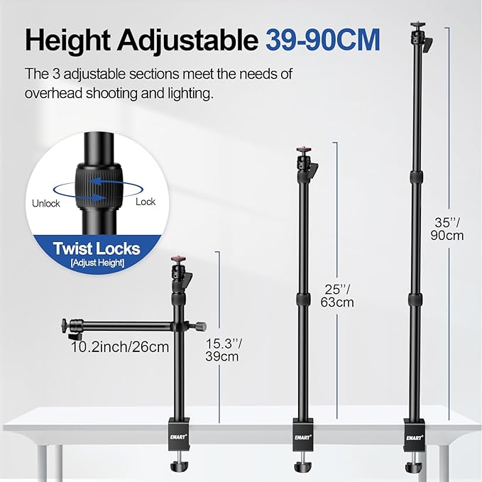 EMART Camera Desk Mount Table Stand, 39-90cm Adjustable Height with 360° Ball Head & 10.2'' Extension Arm, Max Load 8.8lb, Aluminum Tabletop C Clamp for Overhead Shooting, Live Streaming, Online Teach