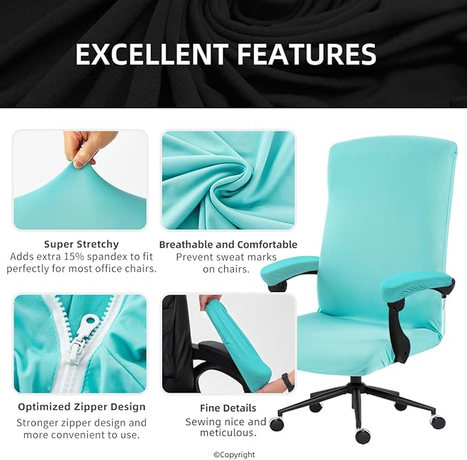 Stretch Computer Office Chair Cover with Armrest Covers Durable Zipper Universal Washable Removable Spandex Rotating Boss Chair Slipcovers Anti-dust Soft Desk Chair Seat Protector, Tifanny Blue