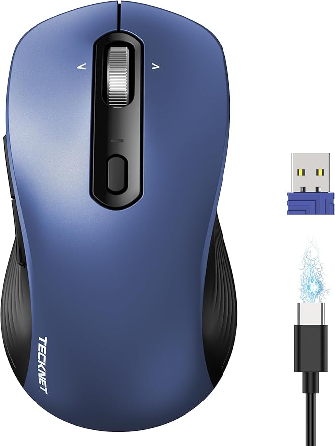 TECKNET Rechargeable Bluetooth Mouse, [ USB + BT5.0 + BT3.0 ] Wireless Mouse, Ergonomic 4-Way Scroll Wheel Computer Mice, 6-Level 4800 DPI Silent Mice, Multi-Device for Computer/Laptop/MacBook (Blue)