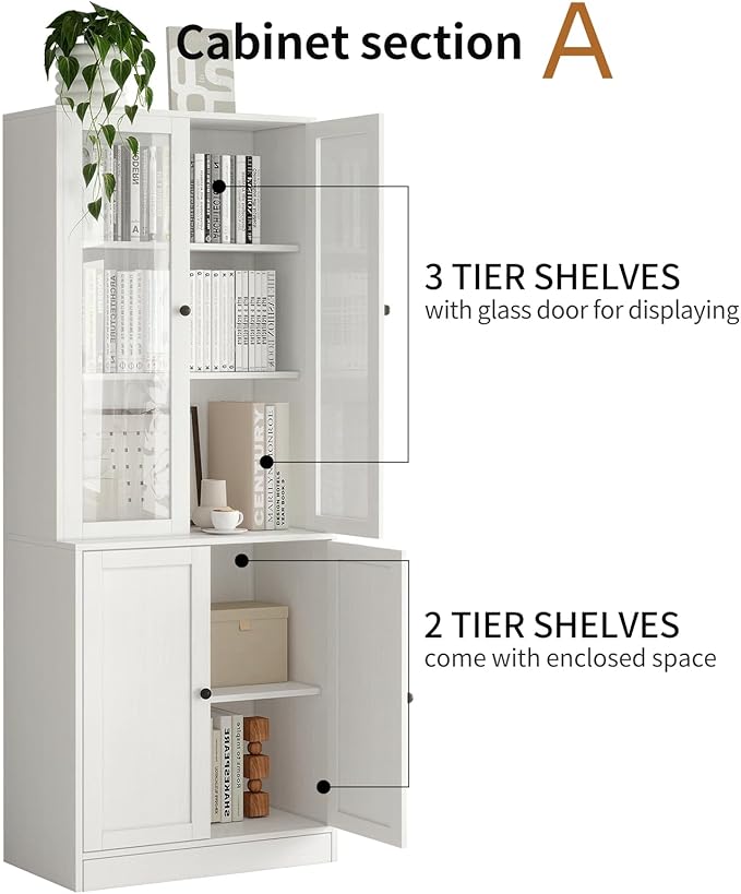 TUSY 71" H Bookshelf with Storage, 6-Tier Modern Bookshelves with 3 Large Drawer, Display Bookcase with Glass Doors, Modern 5-Tier Curio Cabinet for Home Office, Dining Room (White, AB)