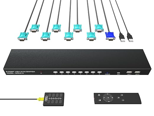 KVM Switch VGA 8 Port - KVM Switcher for 8 Computers Share 1 Monitor & 4 USB 2.0 Devices,Keyboard Mouse Printer,Driver-Free for All OS,8 Cables 1 IR Remote Included