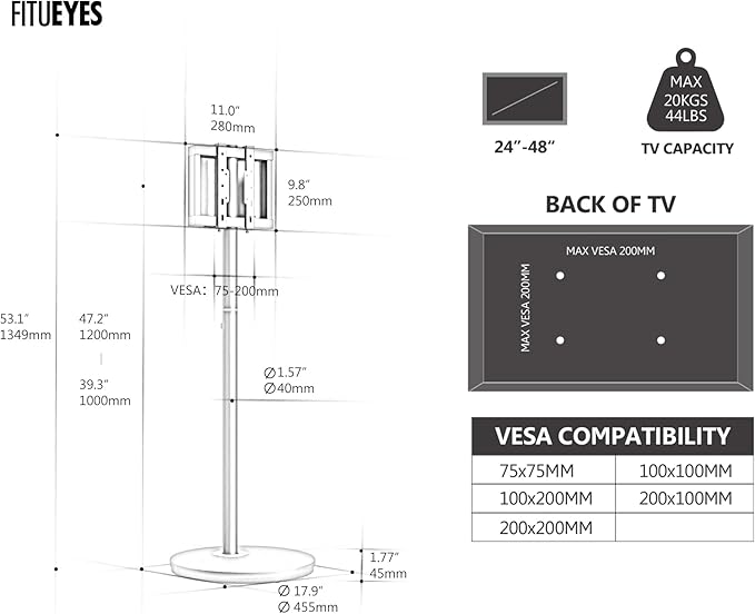 FITUEYES Design Small Rolling TV Cart for 24-48 Inches Television, Minimalist Modern TV Floor Stand on Wheels Fits Max VESA 200x200mm, V2 Portable Smart Television Stands, Black, Master Series