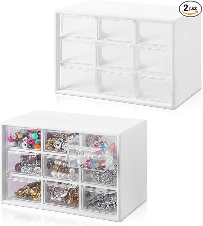 2 Pcs Mini Plastic Drawer Organizer with 9 Clear Drawers, White Small Desktop Storage Compartments for Office, School, Home, Craft Supplies & Jewelry