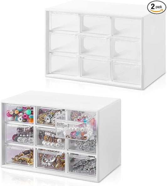 2 Pcs Mini Plastic Drawer Organizer with 9 Clear Drawers, White Small Desktop Storage Compartments for Office, School, Home, Craft Supplies & Jewelry