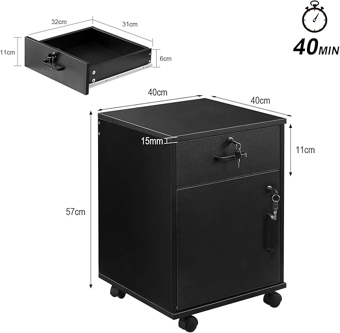 OFCASA 2 Drawer File Cabinet with Lock, Small Rolling Filing Cabinets for Home Office, Wood Under Desk File Cabinet with Wheels, Mobile Storage Organizer, Printer Stand for Letter/Legal, Black