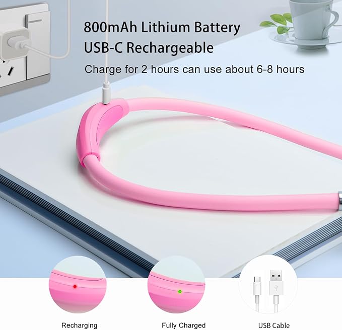 LED Neck Book Light, USB-C Rechargeable, Hands Free, 4 Super Bright LED Bulbs, 3 Adjustable Brightness, Best for Reading in Bed, Knitting, Walking, Jogging, Mending in Night (Pink)