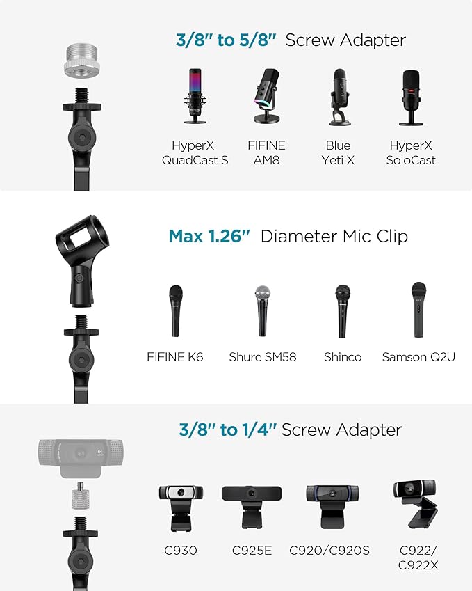 InnoGear Studio Mic Stand, Max Load 2.64 lb Microphone Arm Desk Mount Desktop Microphone Stand for Fifine AM8 K669B Blue Yeti HyperX QuadCast SoloCast AT2020, Webcams Cameras, Black