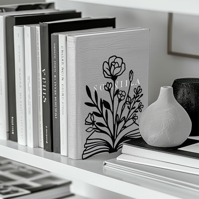 Peacoblue Metal Bookends for Shelves, Modern Decorative Heavy Duty Study Book Support Stoppers for Office, Desk, Shelf, Room 5.3"x4.3"x7.9" Cast Iron Simple Tall Bookends, 1 Pair (Books and Flowers)