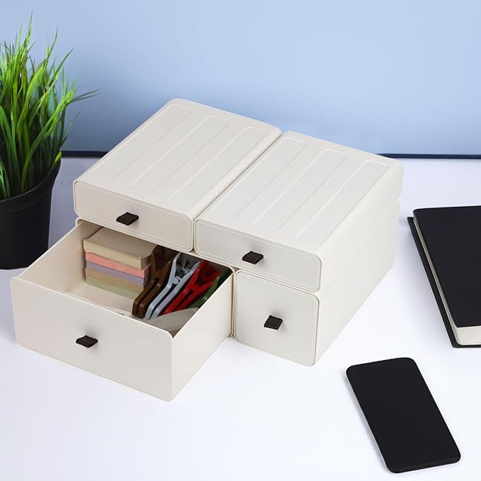 White Desk Organizer with Drawers, Dresser Desktop Makeup Nightstand Organizer, Storage Drawer for Small Spaces Pens Stationary Cosmetic Junk, Office Supplies and Accessories (4-Drawer)
