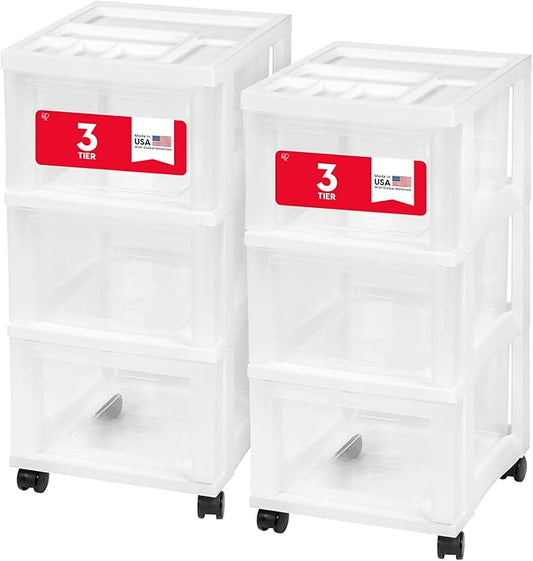 IRIS USA Plastic Drawer Storage Organizer Rolling Cart, 2-Pack, with Wheels Casters, 3-Drawers, for Classroom Art Craft Supplies Dresser Closet Bathroom Laundry Room, White/Clear