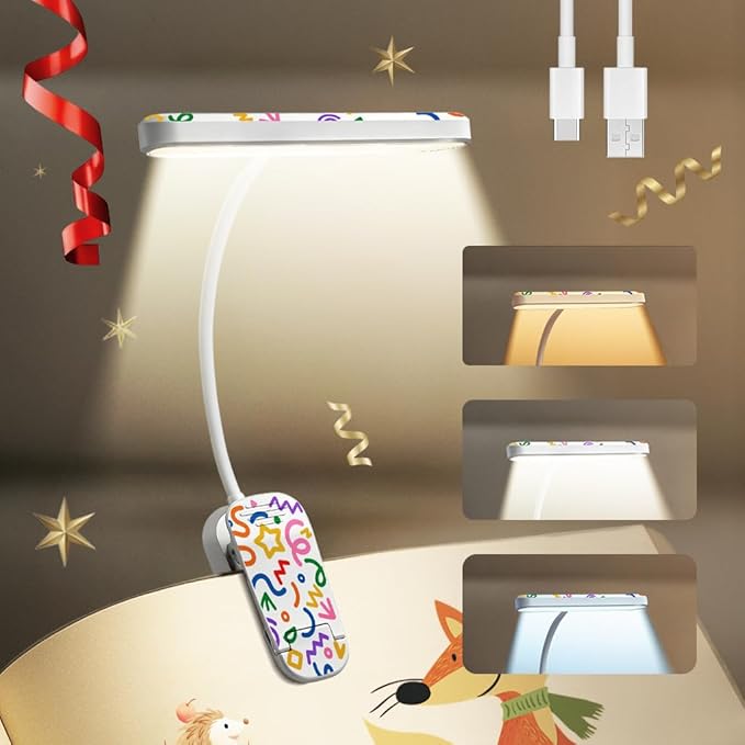 Rechargeable Kids Book Light 25 LEDs - Reading Light for Kids, Eye Caring 3 Colors & 5 Brightness Levels, Extended 1200mAh Battery, Gifts for Kids & Book Lovers (White Doodle)