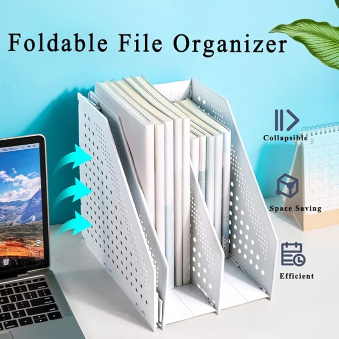 Marte Vanci Collapsible 3 Compartment Magazine Holder Desktop Adjustable Sturdy File Dividers Document Cabinet Rack Display (Light Gray 3 Compartment)