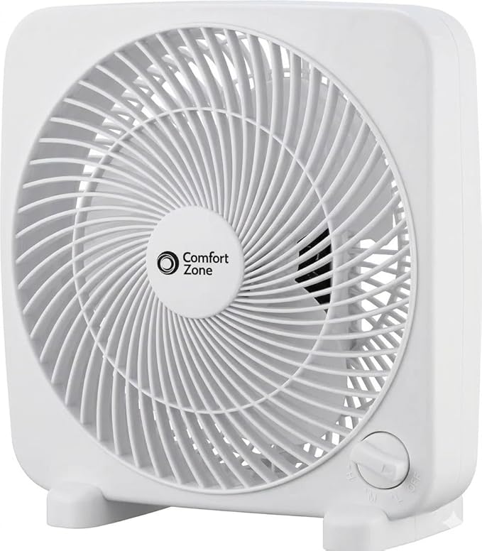 Comfort Zone Box Fan, 9 inch Portable Desk fan, Quiet 3 Speed Mini Fan for Bedroom, Electric Bedside Table Fan, White