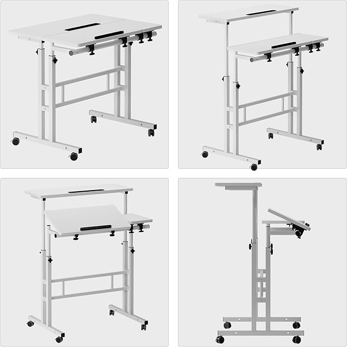 sogesfurniture Rolling Mobile Desk with Cup Holder, Portable, Adjustable Height Small Stand up Desk on Wheels for Home Office Laptop Cart for Standing or Sitting (Basic White)