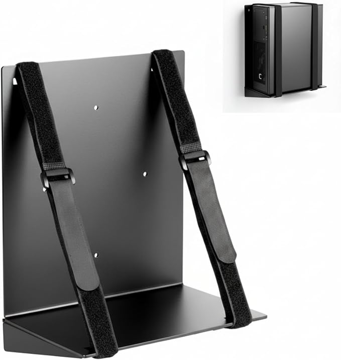 10 x 10 x 6 Inch PC Wall Mount CPU Holder Electronics Support Bracket Metal with Adjustable Strap for Computer, CPU, UPS, Cable Boxes, Tower Mounting Application, Black