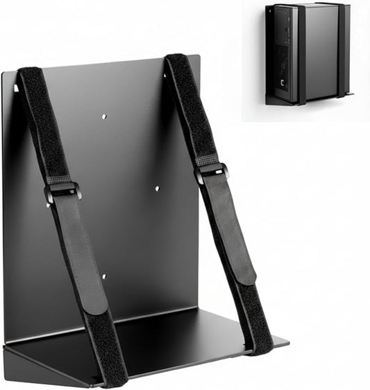 10 x 10 x 6 Inch PC Wall Mount CPU Holder Electronics Support Bracket Metal with Adjustable Strap for Computer, CPU, UPS, Cable Boxes, Tower Mounting Application, Black
